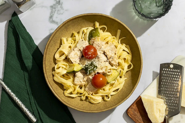 Seared Chicken Fettuccine Alfredo with Fresh Veggies