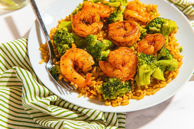Seasoned Shrimp, Brown Rice and Roasted Broccoli