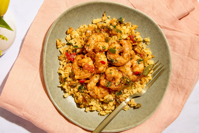 Bourbon Shrimp over Cauliflower Grits