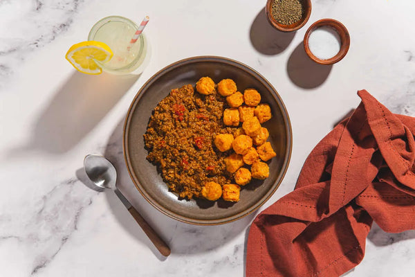 Ground Pork Chili with Sweet Potato Tater Tots