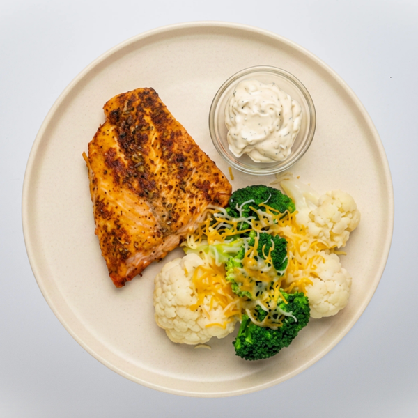 Keto Garlic Butter Salmon with Cheesy Broccoli and Cauliflower